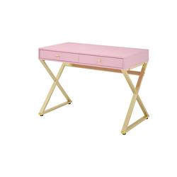 Bm204589 Wooden Rectangular Desk With Storage & X Shaped Legs, Pink & Gold