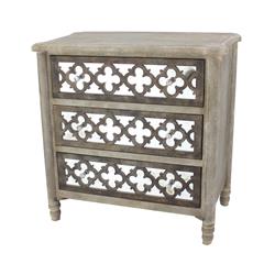 Bm204750 Quatrefoil Wooden Storage Cabinet With 3 Drawers, Brown & Silver