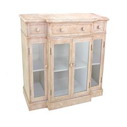 Bm204769 4 Door Wood & Glass Storage Cabinet With 3 Drawers, Beige & Clear