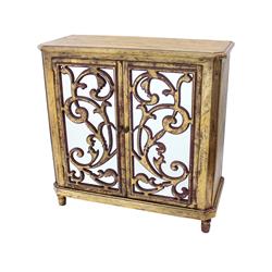 Bm204774 Wood & Mirror Trim Storage Cabinet With Scroll Details, Antique Gold