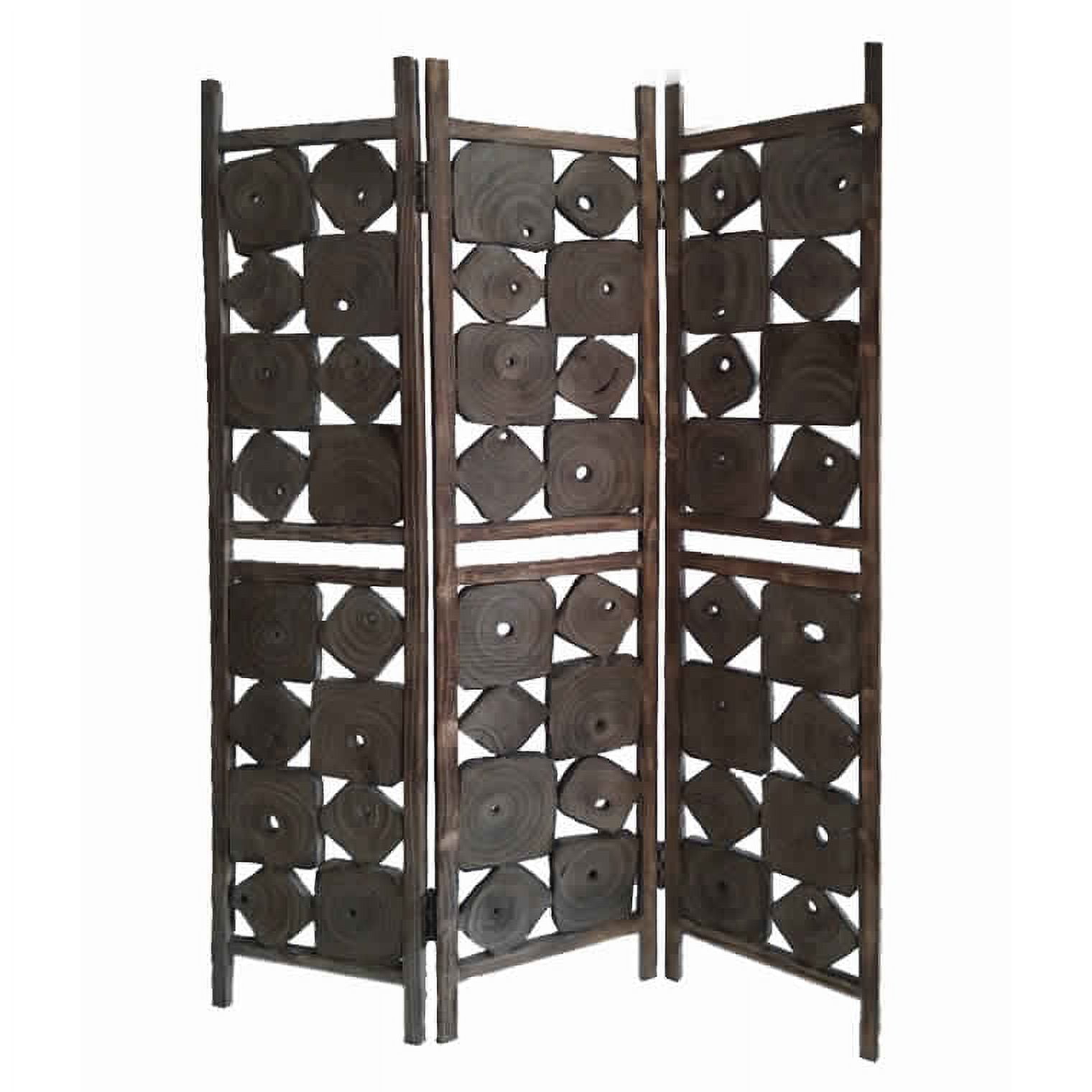 Bm205887 Contemporary 3 Panel Wooden Screen With Square Log Cut Inset, Brown