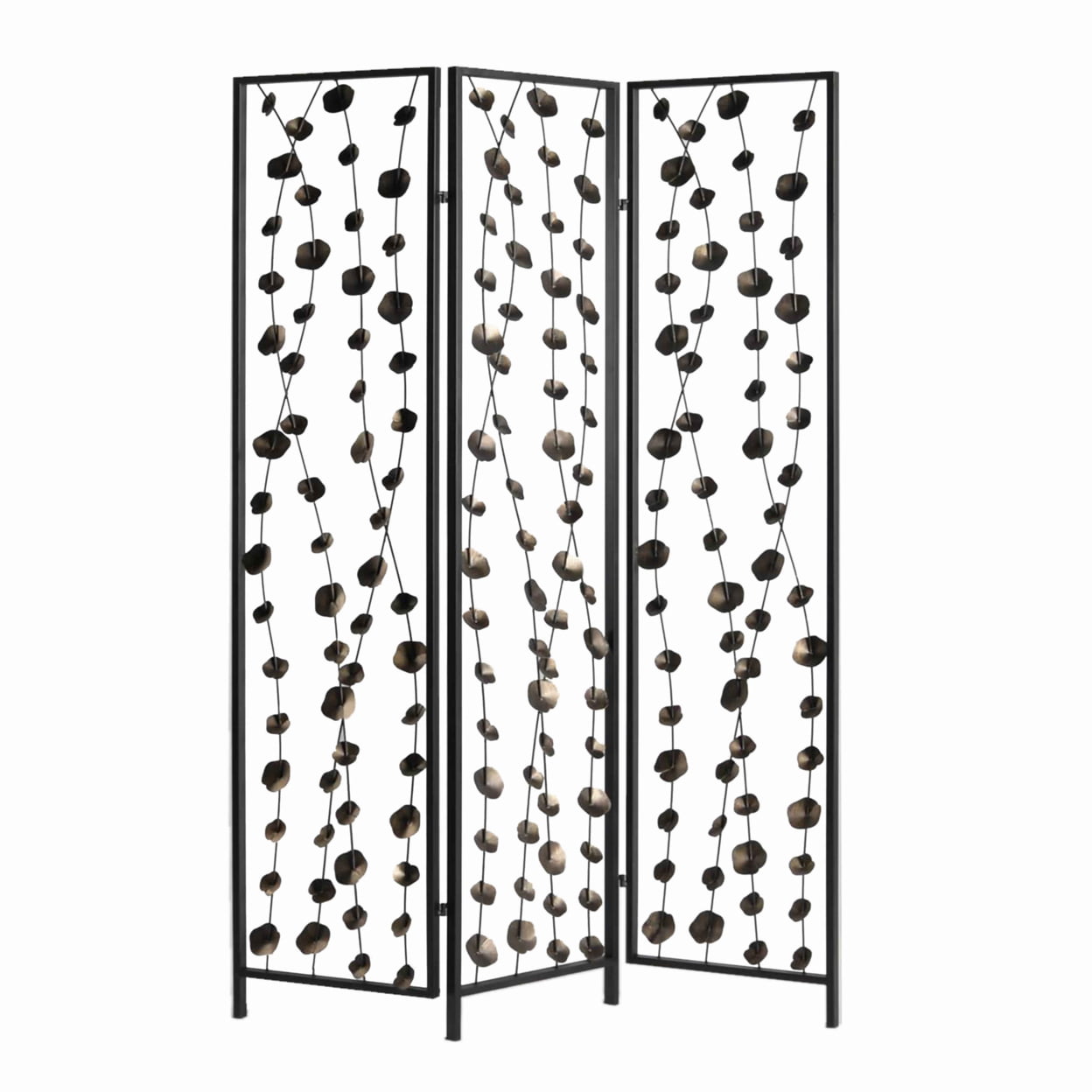 Bm205892 Transitional 3 Panel Metal Screen With Intricate Flower Design, Black