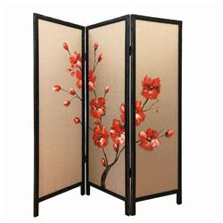 Bm205894 3 Panel Wooden Screen With Hand Painted Fabric Design, Red & Brown