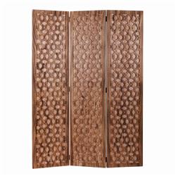Bm205896 3 Panel Transitional Wooden Screen With Leaf Like Carvings, Brown