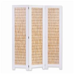 Bm205897 Transitional 3 Panel Wooden Screen With Wicker Paneling, White & Brown