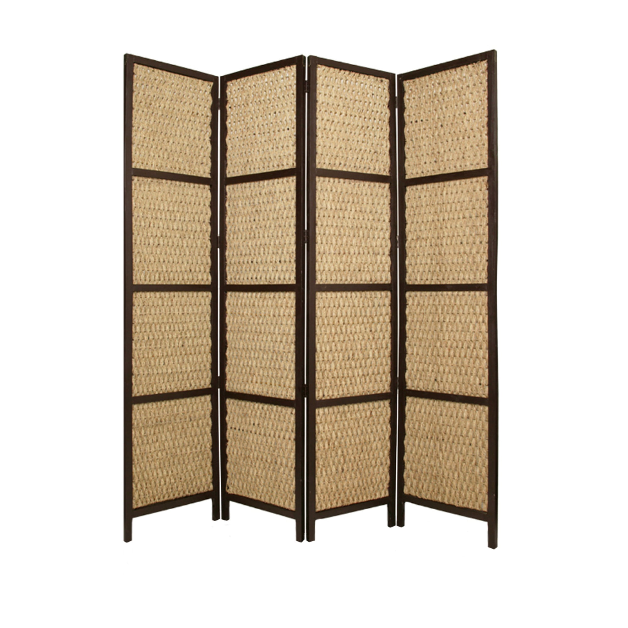 Bm26655 4 Panel Wooden Framed Screen With Sea Grass Woven Design, Brown