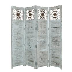 Bm26673 Wooden 4 Panel Screen With Textured Panels & Scrolled Details, White