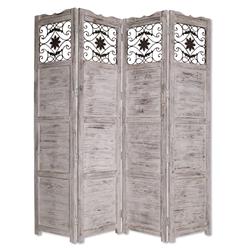 Bm26674 Wooden 4 Panel Screen With Textured Panels & Scrolled Details, White