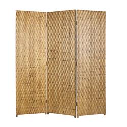 Bm26484 3 Panel Foldable Room Divider With Patterned Wood Panelling, Gold