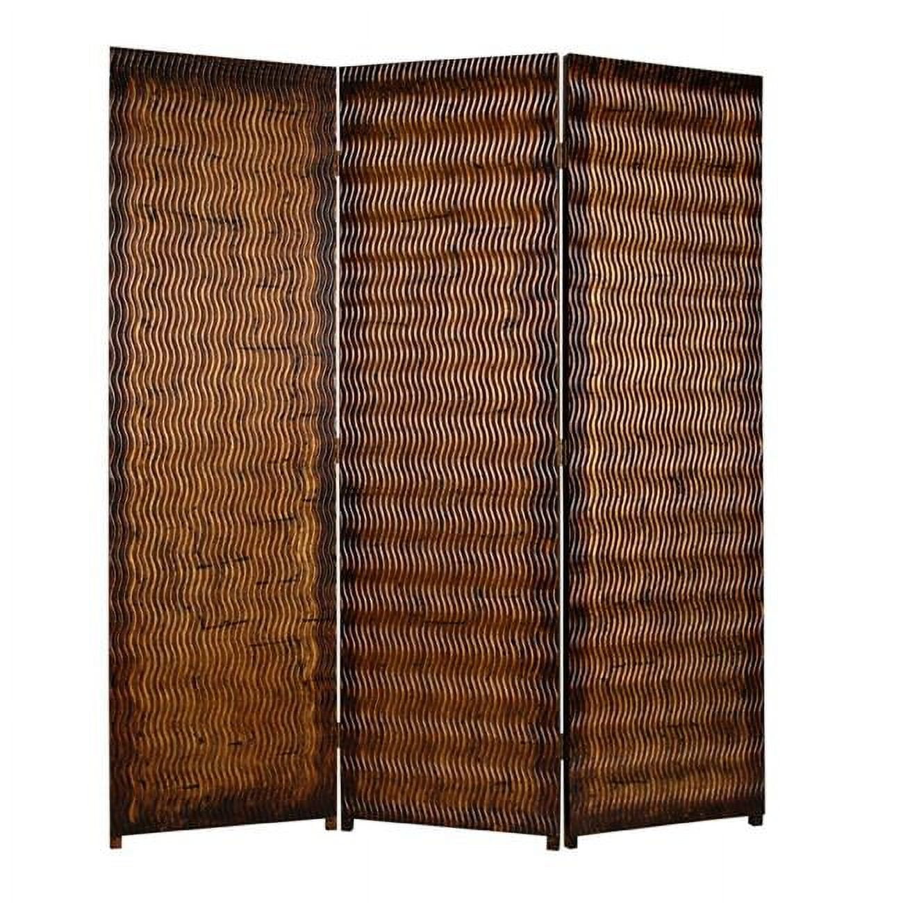 Bm26486 Dual Tone 3 Panel Wooden Foldable Room Divider With Wavy Design, Brown