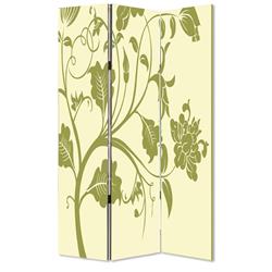 Bm26494 3 Panel Room Divider With Stems & Flower Pattern, Cream & Green