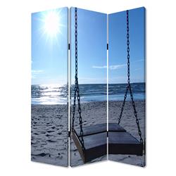Bm26498 Wooden 3 Panel Room Divider With Seaside Screen Pattern, Blue & Gray