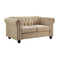 Bm207769 30 X 35 X 60 In. Fabric Upholstered Chesterfield Loveseat With Nailhead Trims, Beige