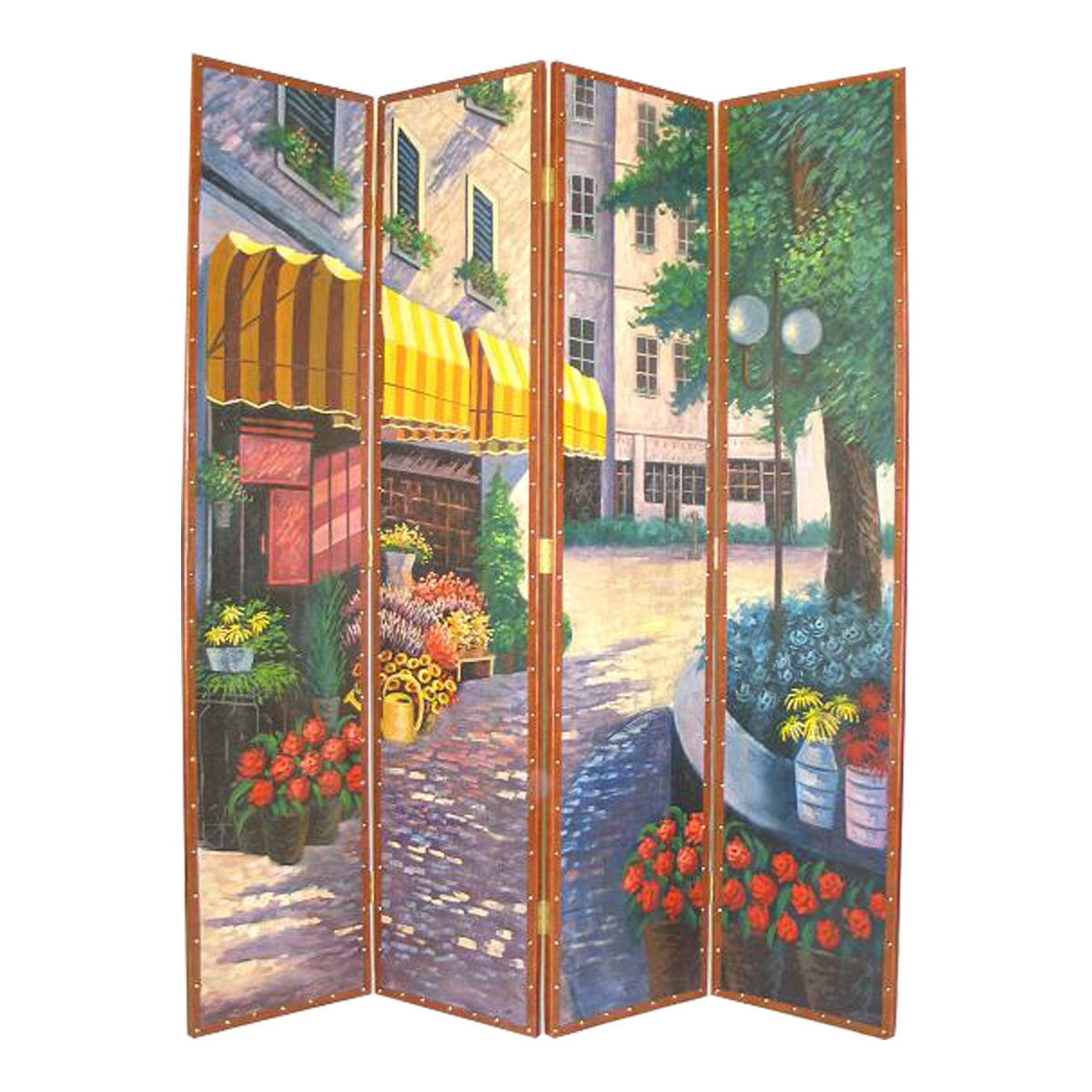 Bm213490 Leatherette Wooden 4 Panel Room Divider With Flower Market Theme - Multi Color