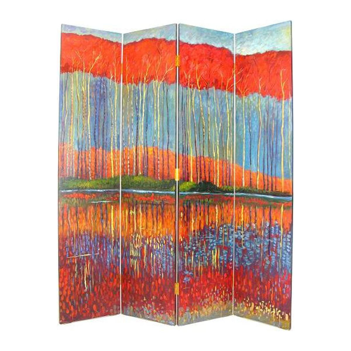 Bm213516 Wooden 4 Panel Room Divider With Forest Theme - Multi Color