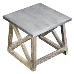Bm214006 Zinc Top Wooden Side Table With Cross Beam Frame - Gray & Washed White