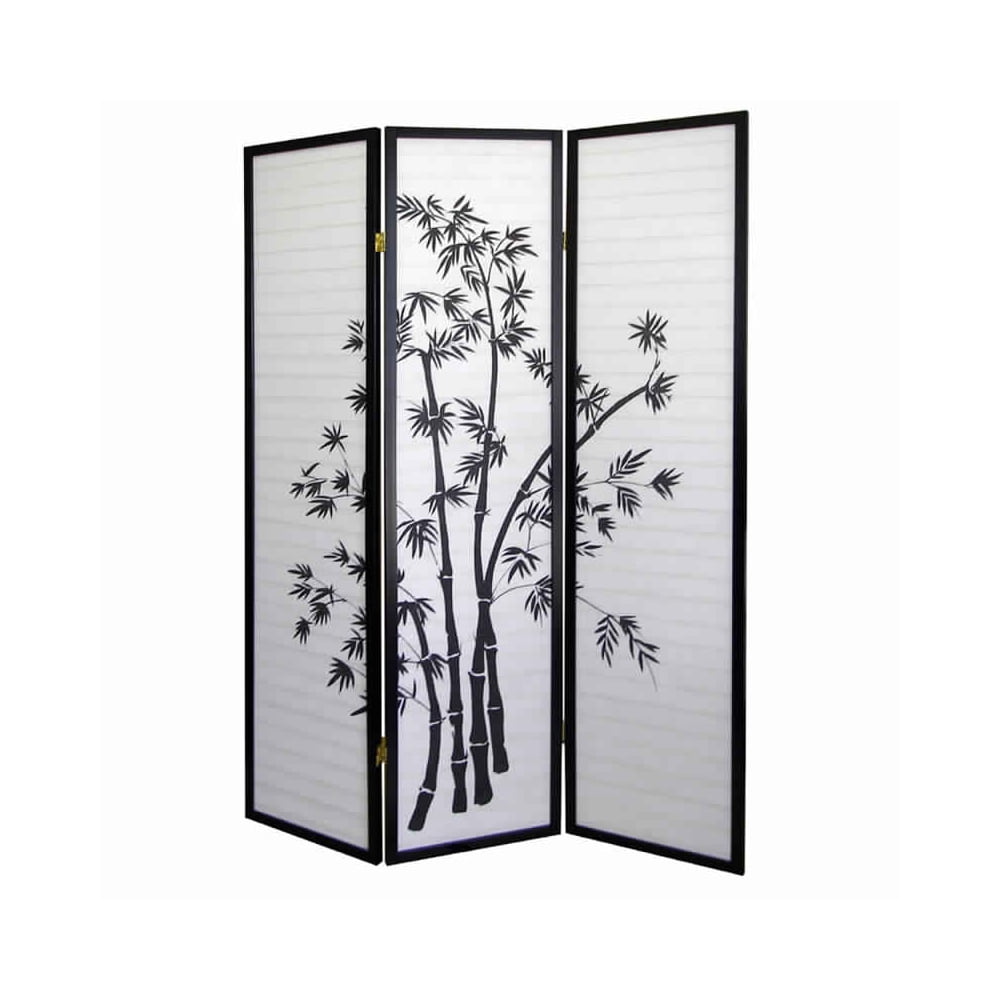 Bm96094 Wood & Paper 3 Panel Room Divider With Bamboo Print - White & Black - 70 X 1 X 50 In.