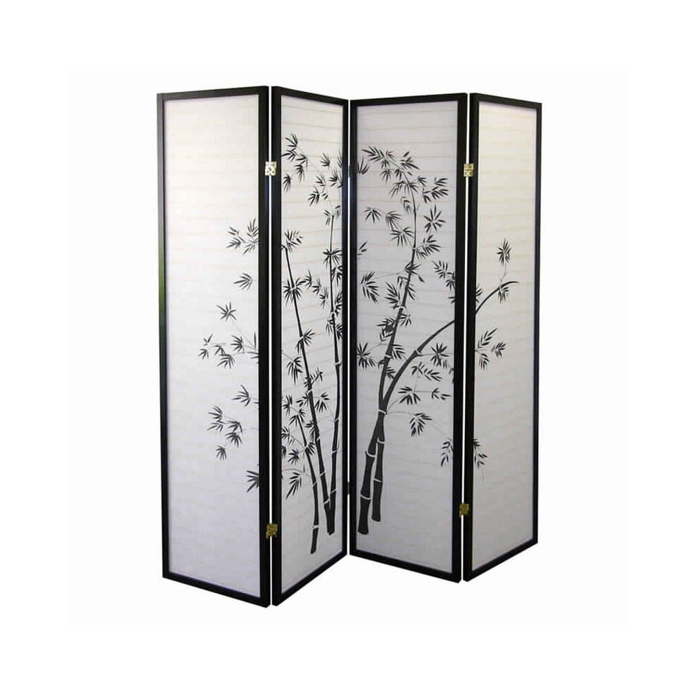 Bm96095 Wood & Paper 4 Panel Room Divider With Bamboo Print - White & Black - 70 X 1 X 60 In.