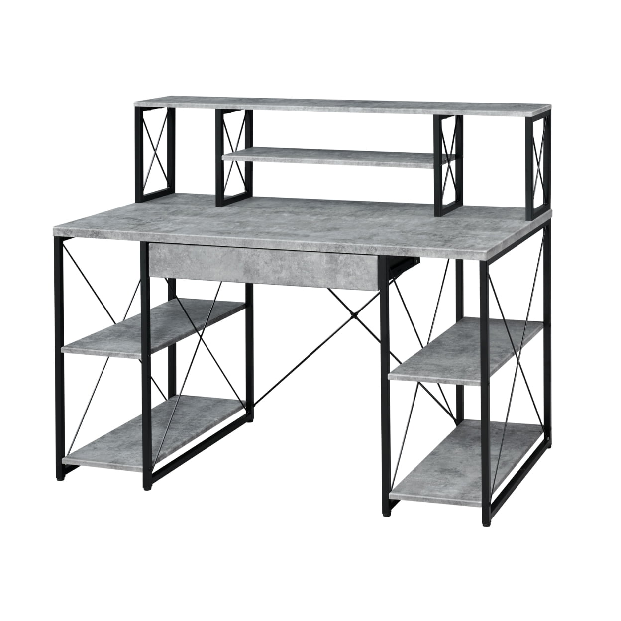 Bm209610 Metal Desk With 4 Open Bottom Shelves & Bookcase Hutch - Gray & Black - 41 X 24 X 47 In.