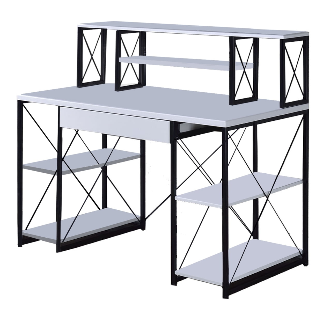 Bm209614 Industrial Style Desk With 4 Open Selves & Bookcase Hutch - White - 41 X 24 X 47 In.