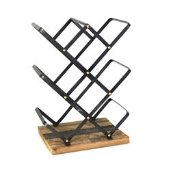 Bm209838 Industrial Style Criss Cross Wine Rack With Wooden Base, Black & Brown - 15.5 X 8.25 X 10.25 In.
