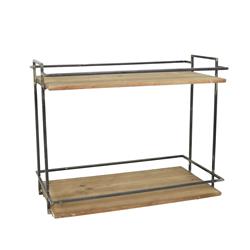 Bm209841 Rustic 2 Tier Metal Stand With Rectangular Wooden Shelves, Brown & Black - 15.5 X 10 X 19 In.