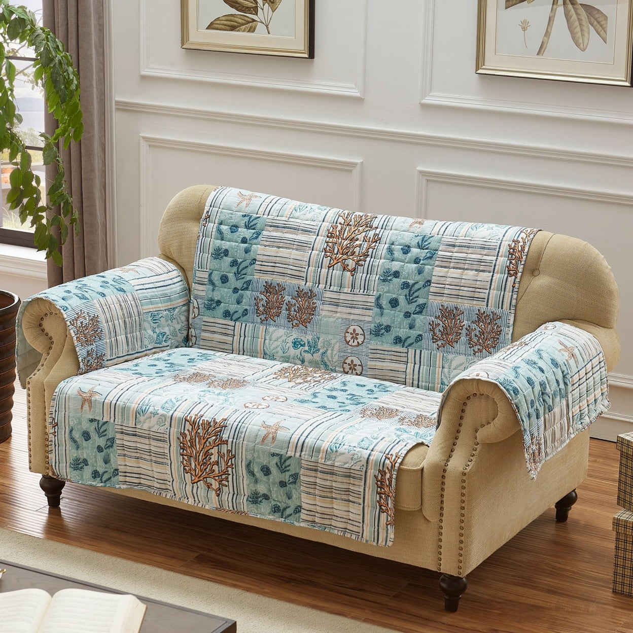 Bm218854 Reversible Sea Life Print Loveseat Protector With Elastic Strap, Blue - 5 X 15 X 12 In.