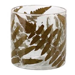 Bm209747 Cylindrical Fern Frond Enameled Glass Hurricane, Clear & Brown - 4 X 4 X 4 In.