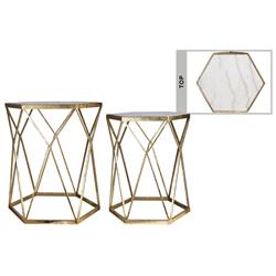 Bm209980 Metal Table With Hexagonal Marble Top & Diamond Design, Gold - Set Of 2