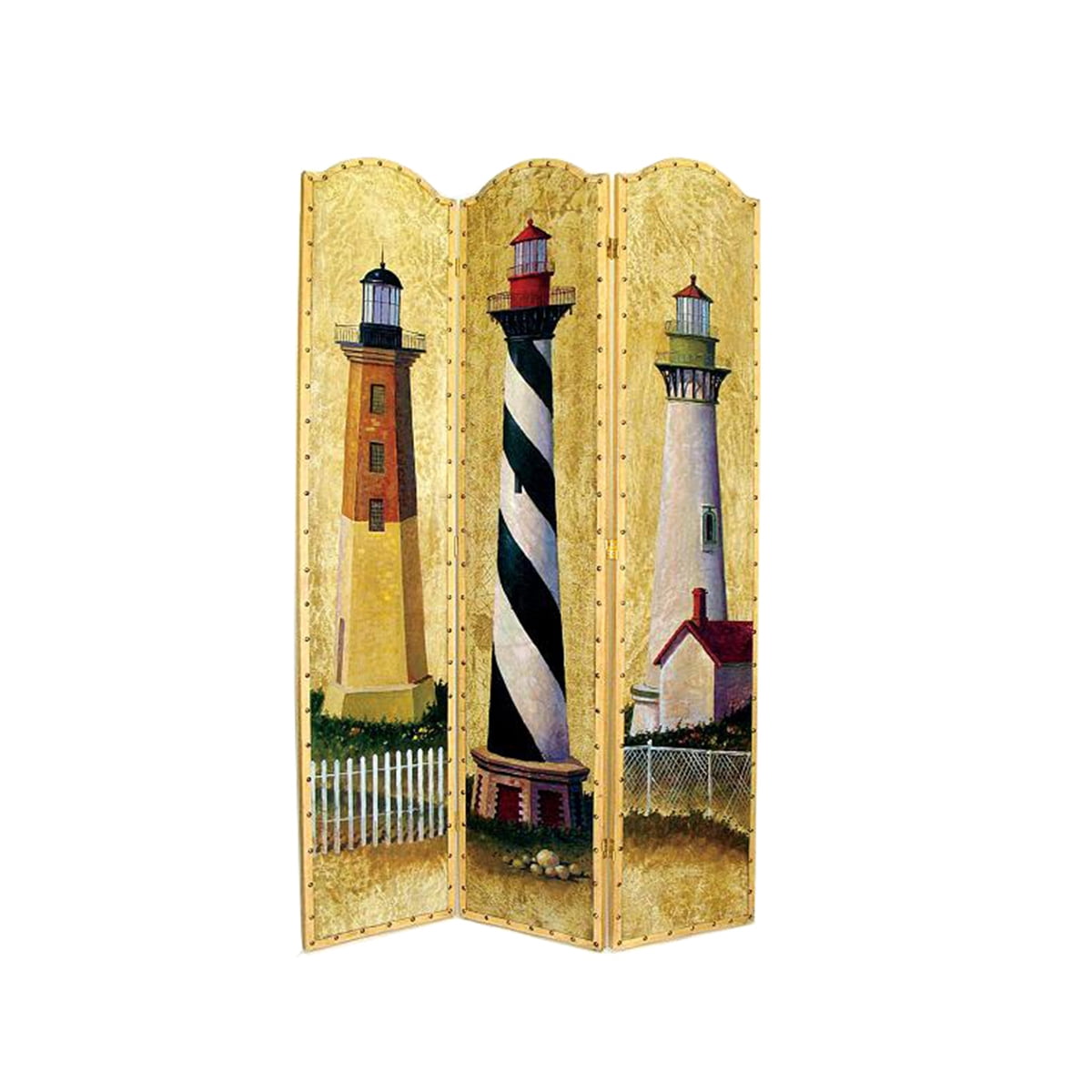 Bm210114 Hand Painted 3 Panel Wooden Room Divider With Lighthouses Print, Multi Color