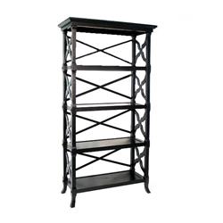 Bm210151 4 Tier Wooden Frame Bookstand With Carved Criss Cross Sides & Back, Black