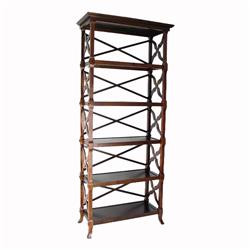 Bm210153 5 Tier Wooden Frame Bookstand With Carved Criss Cross Sides & Back, Brown