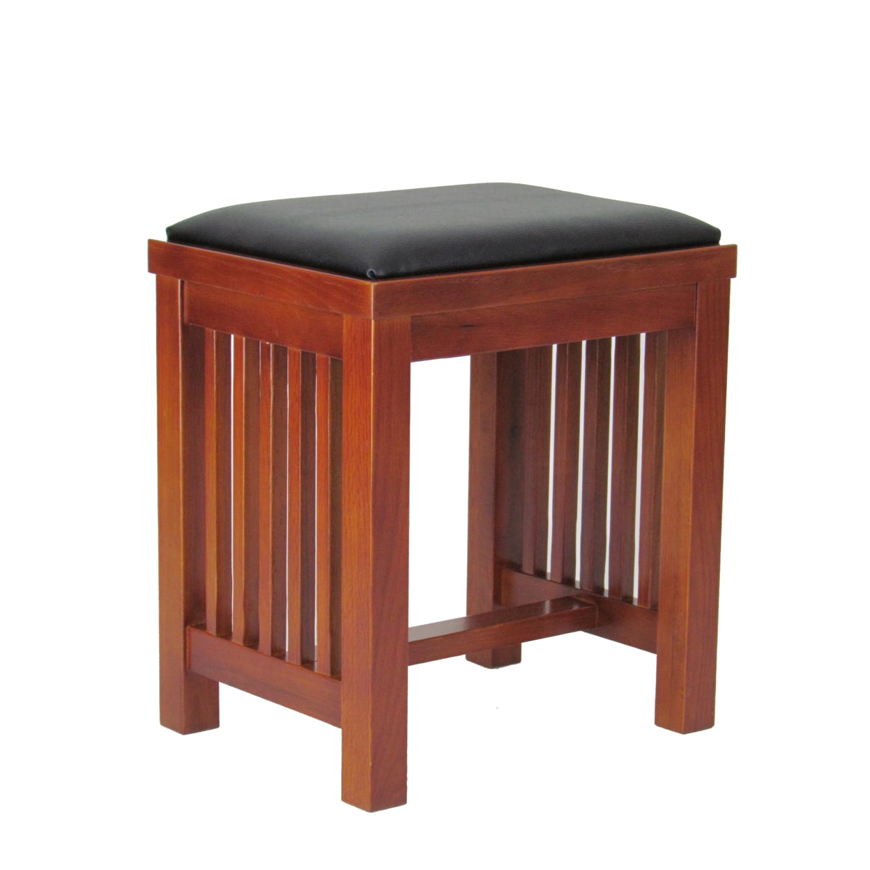 Bm210428 Faux Leather Upholstered Mission Wooden Stool With Slatted Sides, Brown