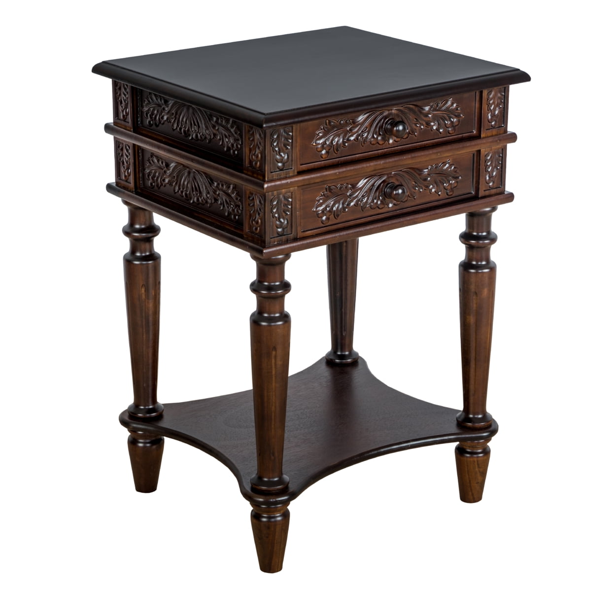 Bm210452 2 Drawer End Table With Intricate Carvings & Open Bottom Shelf, Brown