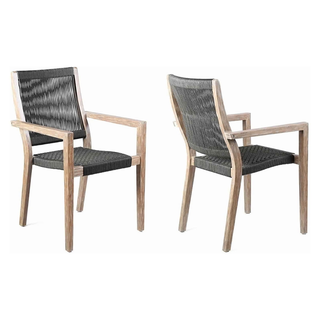 Bm214491 Wooden Outdoor Dining Chair With Fishbone Weave, Charcoal Black - Set Of 2