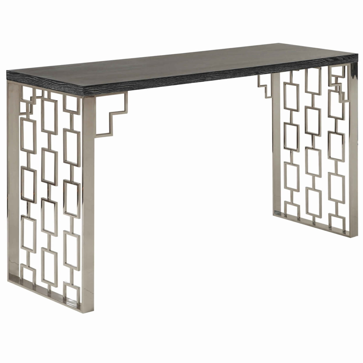 Bm10114 Wooden Top Metal Console Table With Lattice Cut Side Panel, Gray & Silver