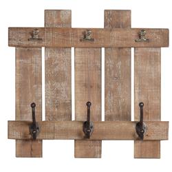 Bm229479 Wooden Wall Plank With 3 Metal Hooks & Clips, Brown
