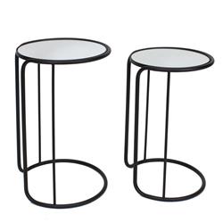 Bm227312 Round Mirror Top Accent Tables With Tubular Frame, Black - Set Of 2