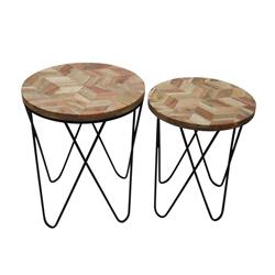 Bm227314 Round Top Side Table With Interconnected Hairpin Legs, Brown - Set Of 2