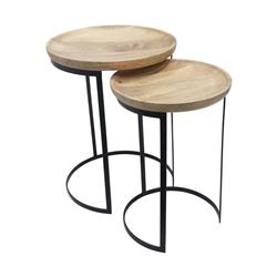 Bm227317 Wooden Round Top Side Table With Metal Tubular Frame, Black - Set Of 2