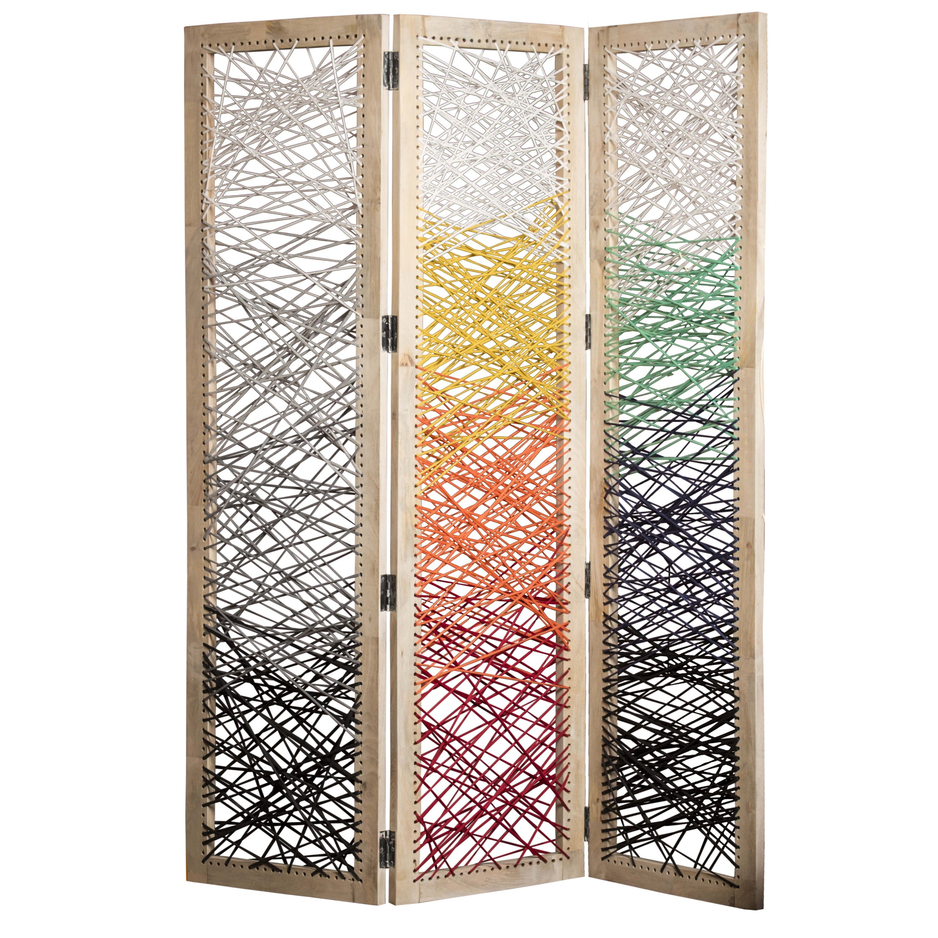 Bm228614 3 Panel Wooden Screen With Woven Reinforced Yarn, Multi Color