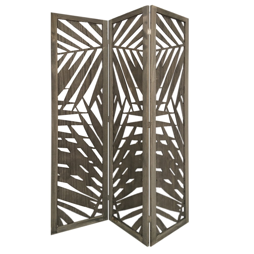 Bm228617 3 Panel Wooden Screen With Laser Cut Tropical Leaf Design, Gray