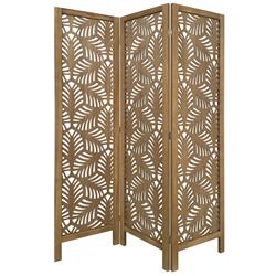 Bm228618 3 Panel Wooden Screen With Laser Cut Tropical Leaf Design, Brown