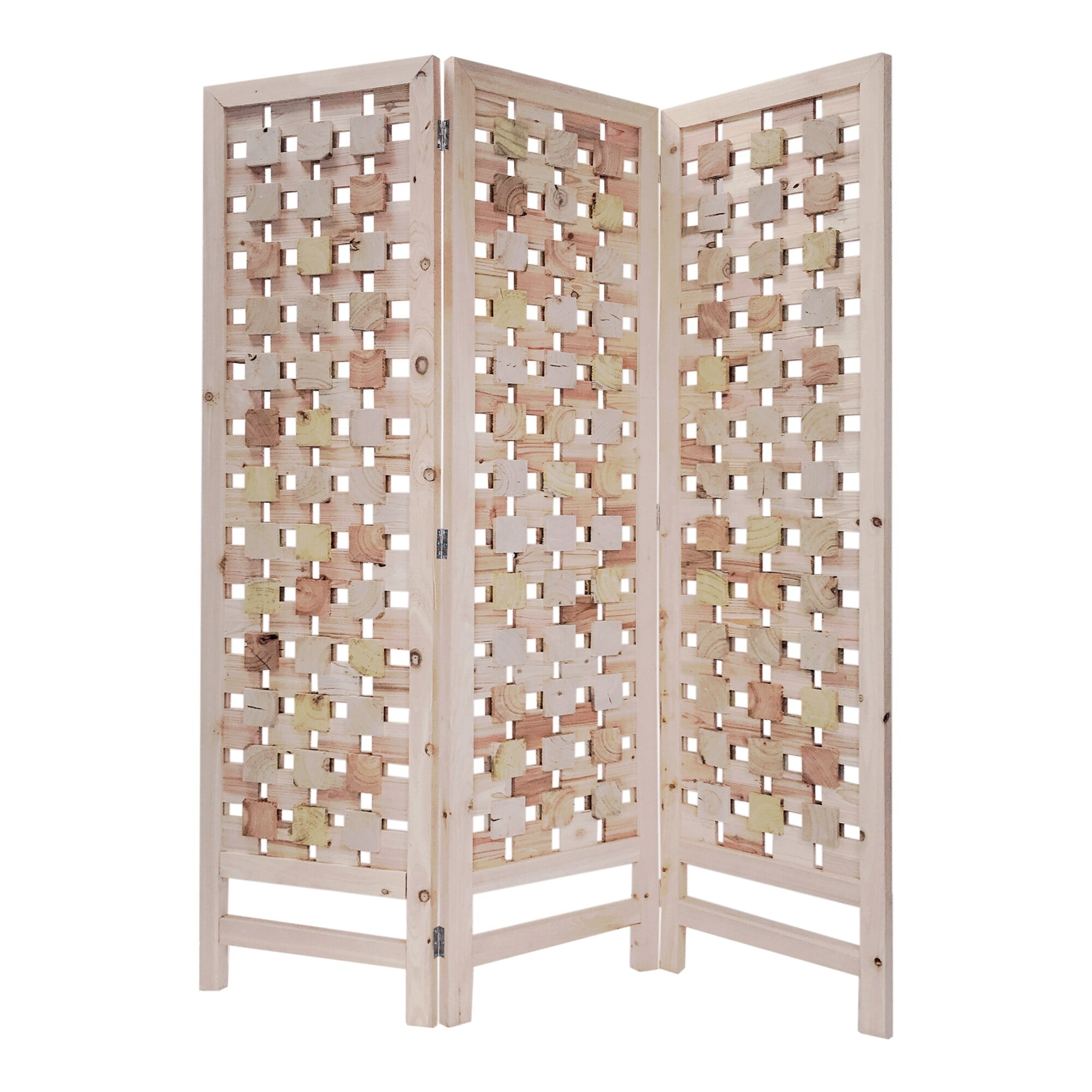 Bm228620 3 Panel Wooden Screen With Interspersed Square Pattern, Cream