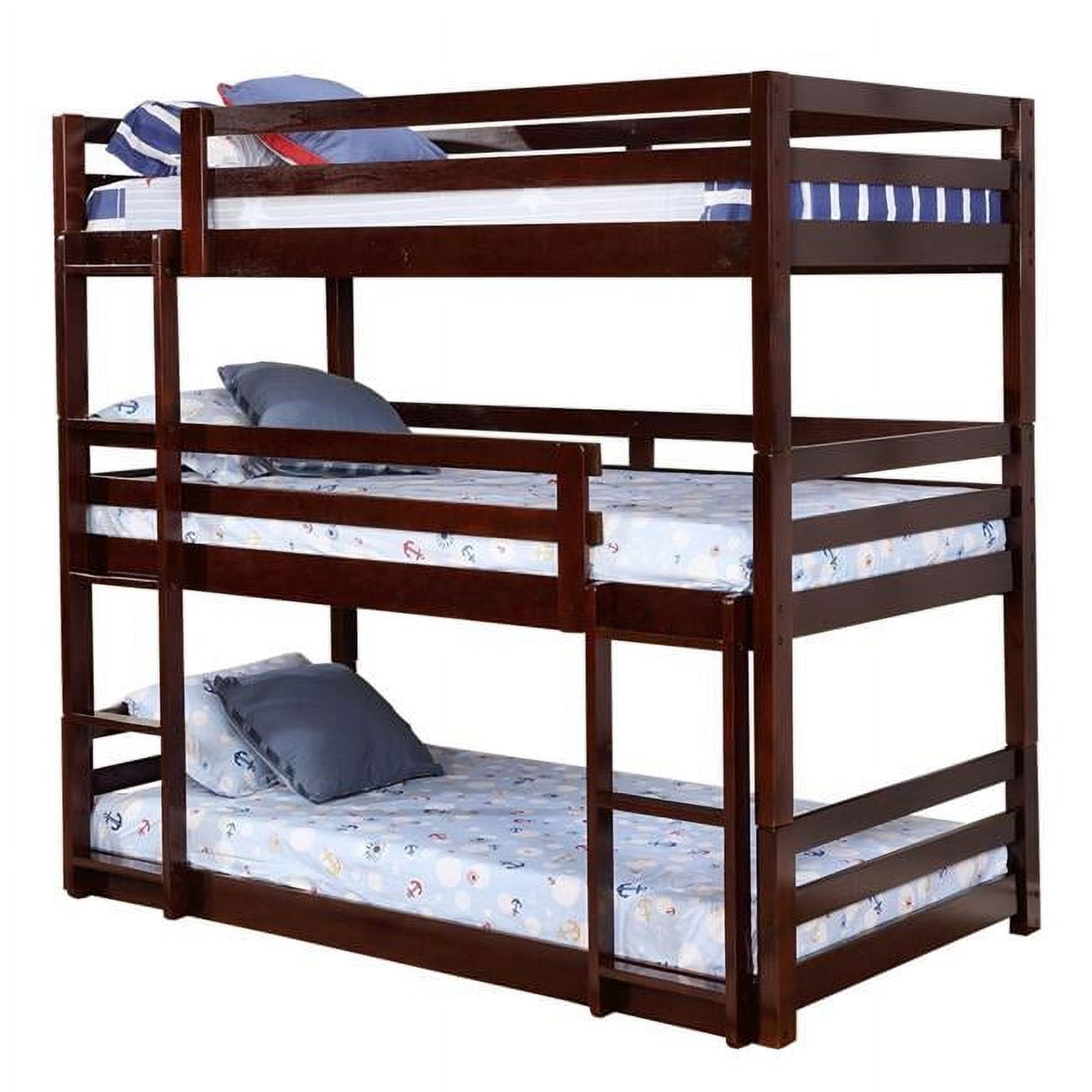 Bm229195 3 Tier Design Wooden Twin Size Bunk Bed With Attached Guardrails, Brown