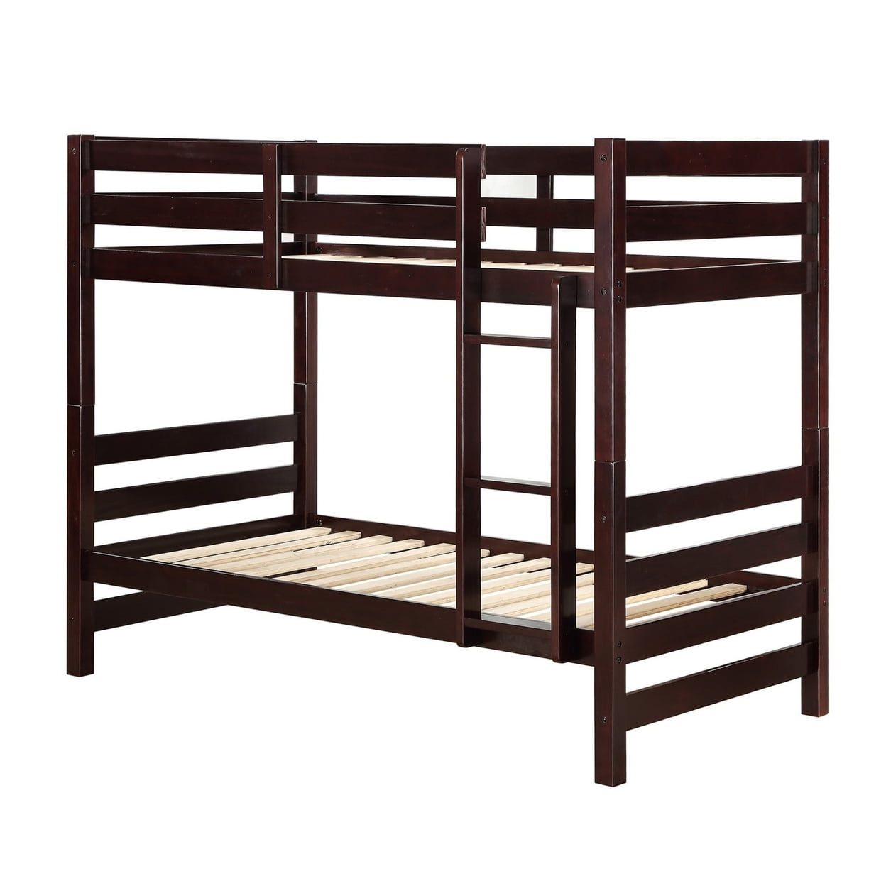 Bm230712 Slatted Twin Over Twin Bunk Bed With Attached Ladder, Espresso Brown