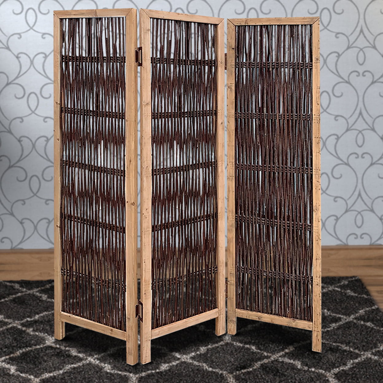 Bm231301 71 In. 3 Panel Interconnected Branches Room Divider, Brown