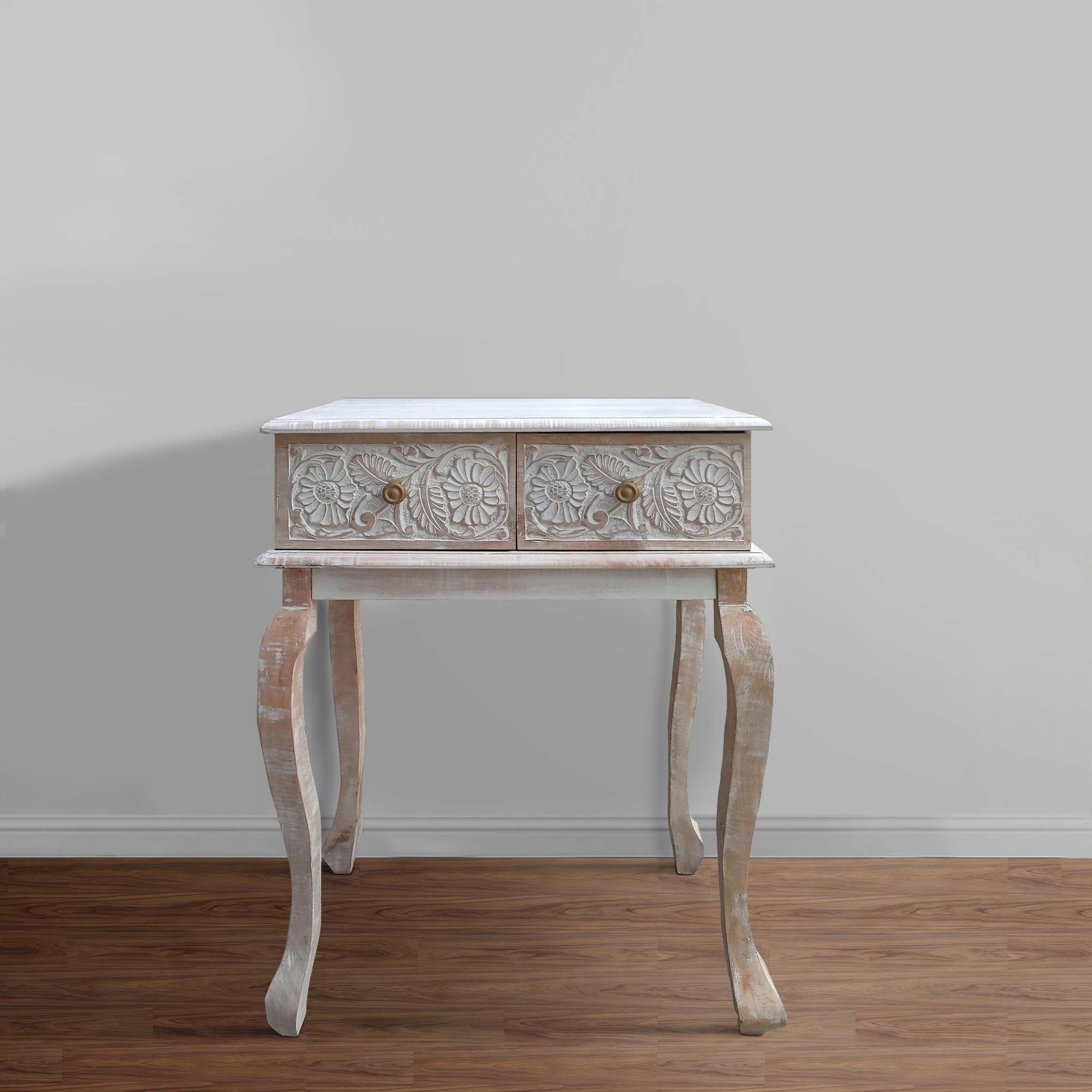 Upt-226283 2 Drawer Mango Wood Console Table With Floral Carved Front, Brown & White