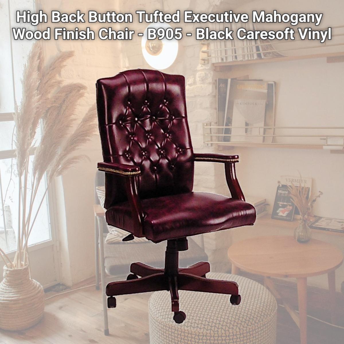 Picture of Boss High Back Button Tufted Executive Mahogany Wood Finish Chair - B905 - Black Caresoft Vinyl