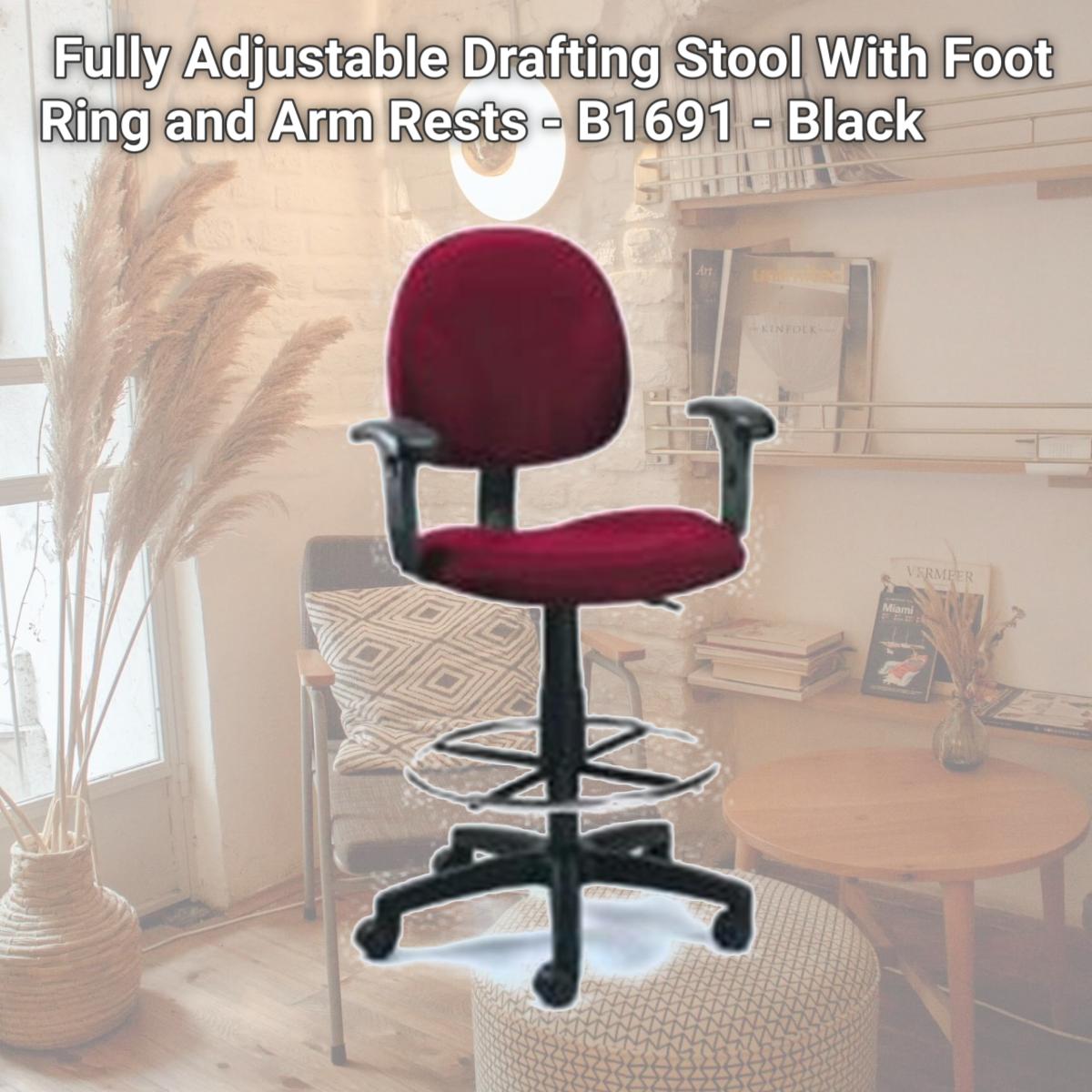 Picture of Boss Fully Adjustable Drafting Stool With Foot Ring and Arm Rests - B1691 - Black
